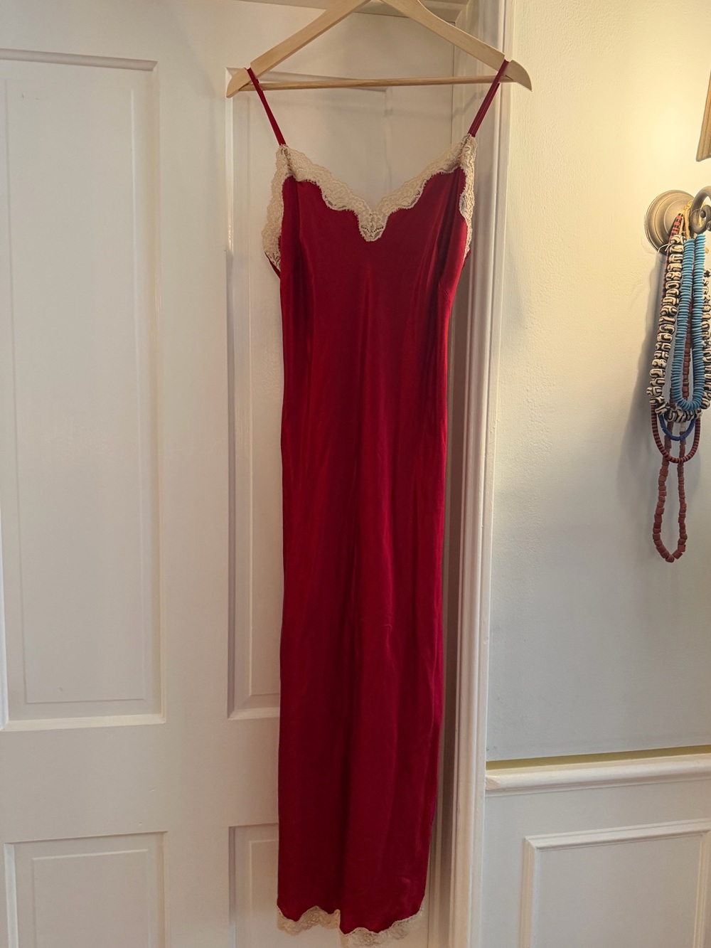Ralph Lauren Red Silk Slip with Cream silk Lace Trim